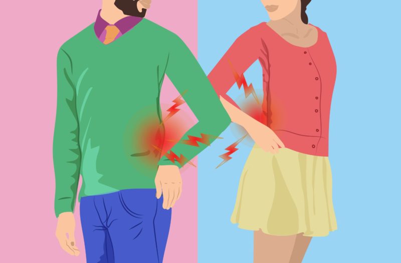cartoon shows a man and an woman experiencing pain in the lower back
