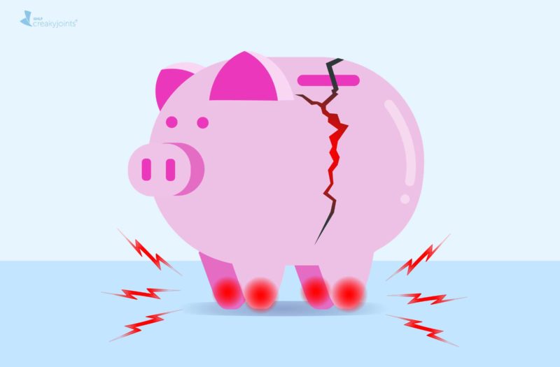 Cartoon of broken piggy bank with signs of joint pain