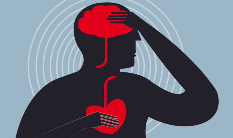 Illustration of a person suffering from a stroke and heart issues, as indicated by red, inflamed brain and heart