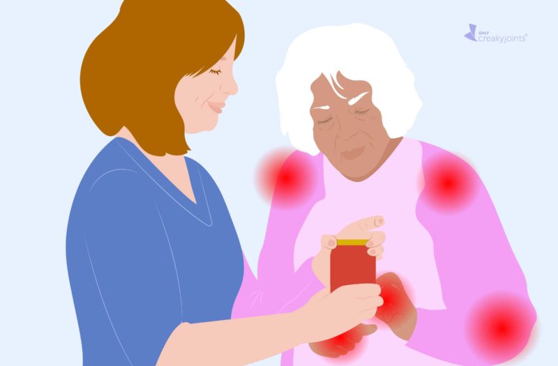 An illustration of an occupational therapist (a woman wearing blue scrubs) teaching a person with psoriatic arthritis (as indicated by red pain spots on their hand and arm) how to better open a jar.