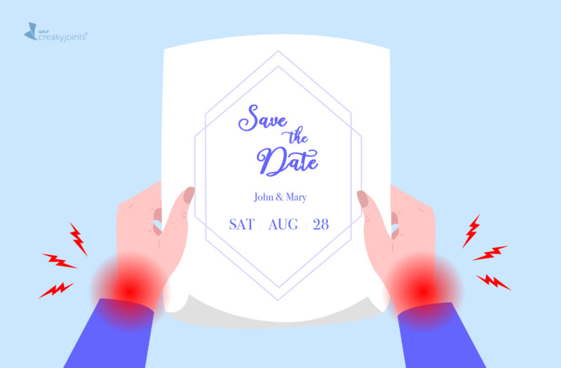 A person with rheumatic disease, as indicated by pain spots on their hands, holding a piece of paper that reads "Save the Date. John and Mary. SAT Aug 28."