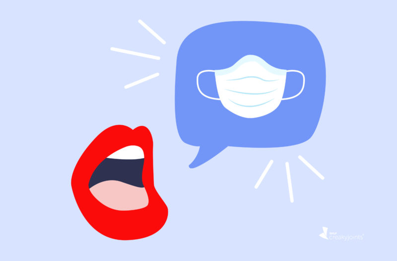 An illustration of a mouth. Near the mouth is a talk bubble with a mask drawn in it to represent someone talking about masks.