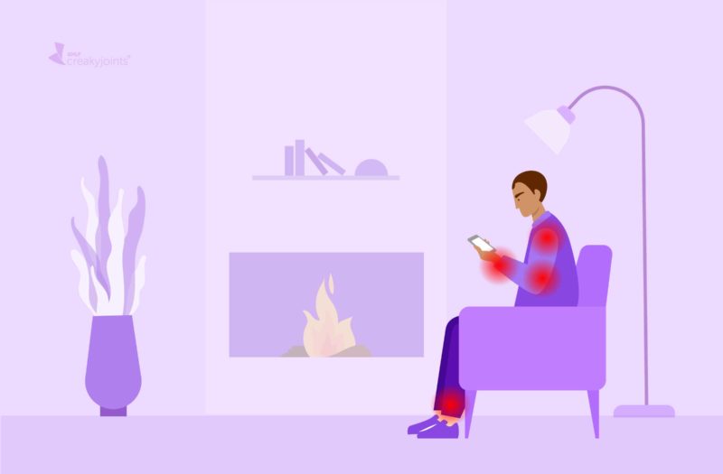 An illustration of a man with rheumatoid arthritis, as evident by red pain spots on his arms and legs. the man is sitting in a purple chair in a living room, hunched over and texting on his phone.