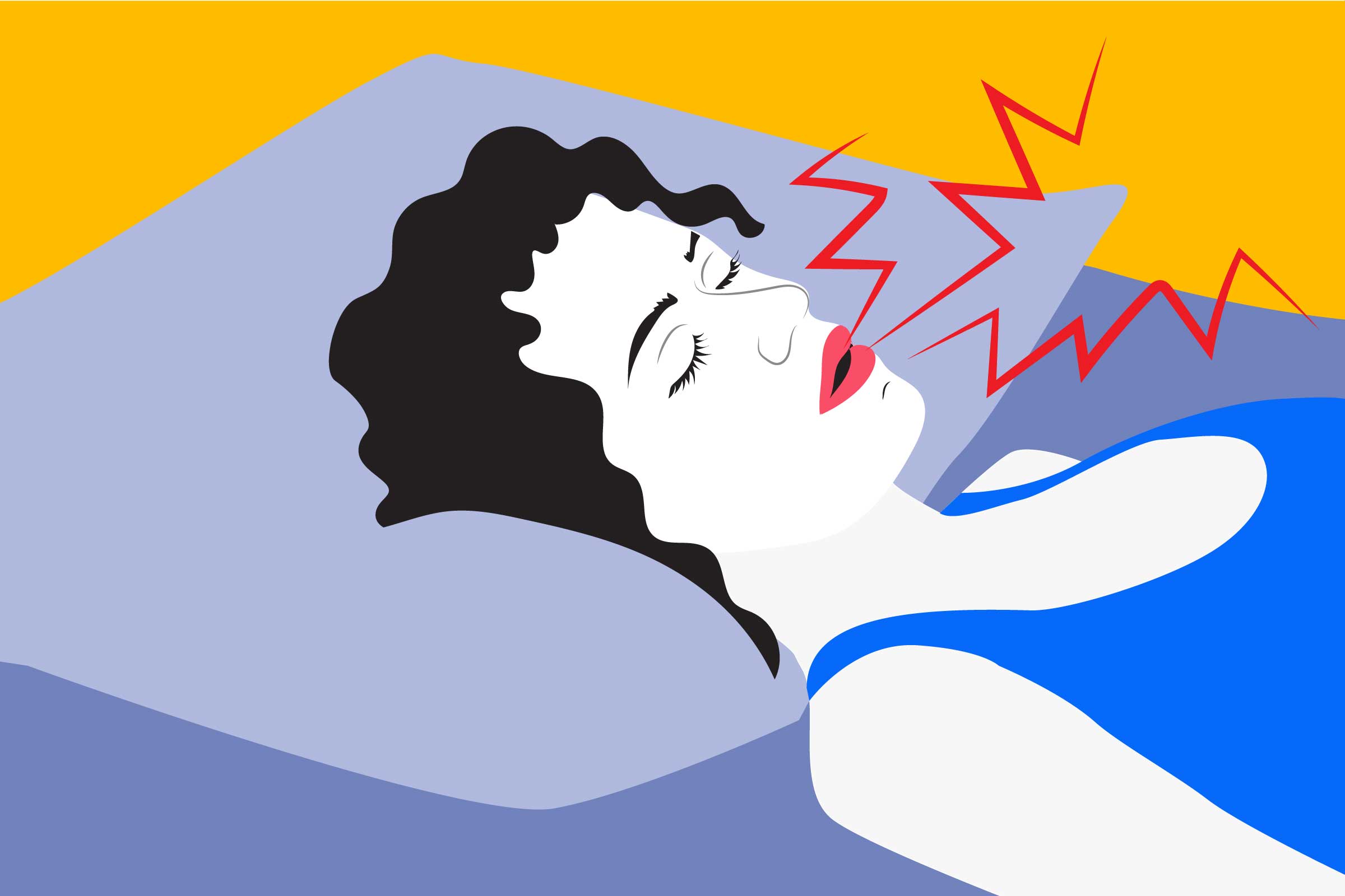 Cartoon shows a woman sleeping. There are red sound waves coming out of her mouth