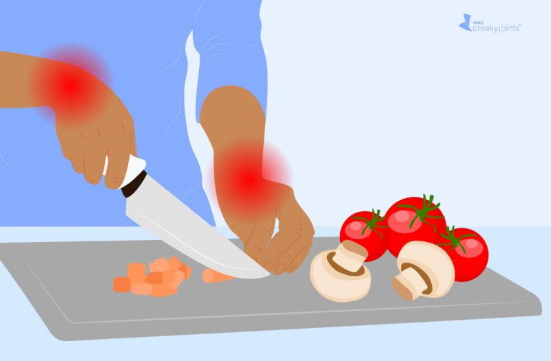 An illustration of a hand inflicted with arthritis, as indicated by red pain spots on the wrist and fingers, chopping vegetables at a counter with a towel wrapped around the handle of the knife.