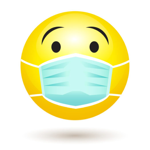 An image of mile emoji wearing a protective surgical mask in response to the coronavirus outbreak. Infected patient wears medical face mask to prevent spread of illness.