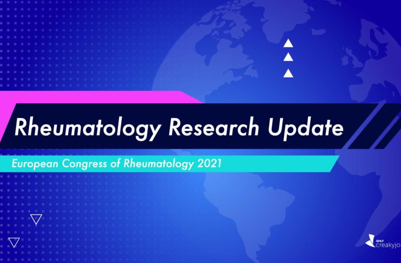 A blue and purple background. On top of that is a black box with with text that reads "Rheumatology Research Update." Beneath that is a teal box with white text that reads "European Congress of Rheumatology 2021."
