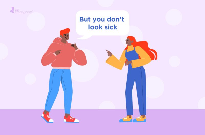 An illustration of two people having a conversation. One person has a speech bubble saying “But you don’t look sick.” The other person looks disheartened.