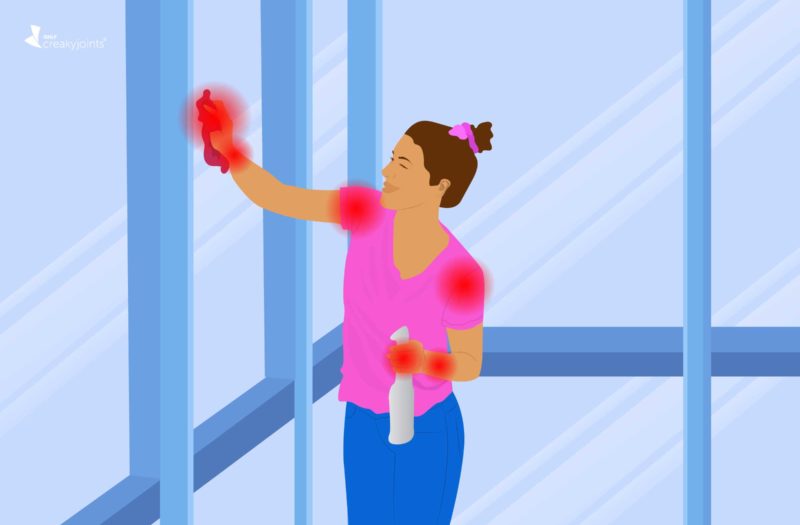 Cartoon of woman cleaning a window with visible joint pain