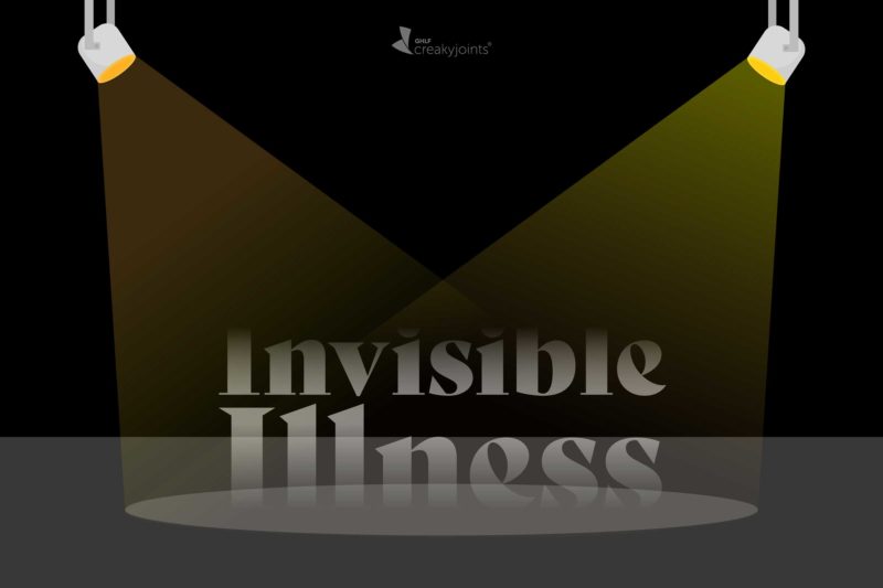An illustration of the words "Invisible Illness" set on a stage of sorts and under a spotlight. The words "Invisible Illness" are slightly faded, to represent the invisibility.