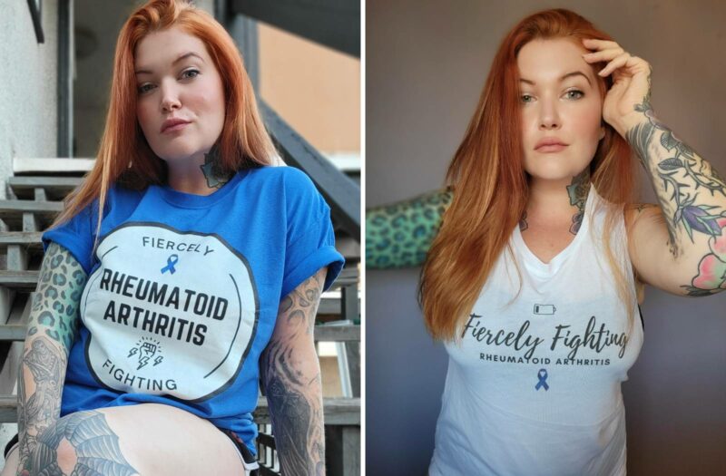 Two photos of a woman, Eileen Davidson, modeling the "Fiercely Fighting Rheumatoid Arthritis" t-shirts, which will be available for purchase following the Tumbler and Tipsy by Michael Kuluva 2022 Collection event, airing on Tuesday, September 14, 20201 at 8 p.m. ET via YouTube. On the left, Eileen is wearing a blue shirt with a white circle outlined in black. Within the white circle are the words "Fiercely." Beneath that is a blue ribbon to symbolize arthritis awareness. Below the ribbon are the words "Rheumatoid Arthritis." Below those words are an image of a hand in a fist with lightning bolts. Below the hand is the worth "Fighting. On the right, Eileen is wearing a white shirt with an image of a dying battery on top. Beneath the image are the words "Fiercely Fighting Rheumatoid Arthritis." Below that is a blue ribbon to symbolize arthritis awareness.