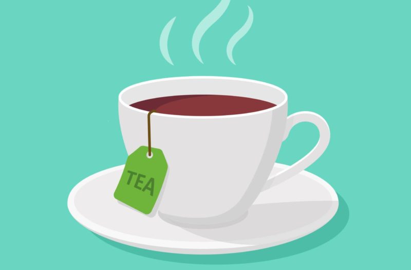 An illustration of a white cup of tea sitting on a teal background.