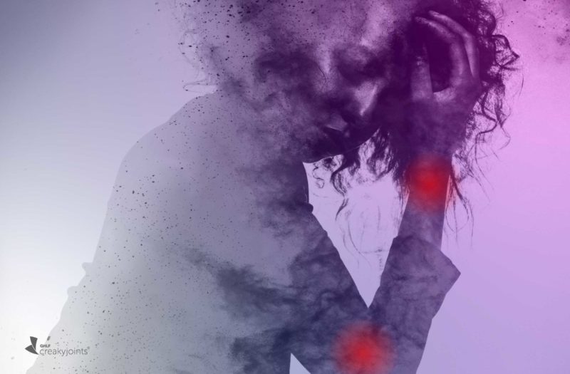 Painting shows the outline of a woman in pain holding her head. The image is hazy with a gray and purple scale. The woman has red spots on her wrists and elbows indicating joint pain. She looks exhausted