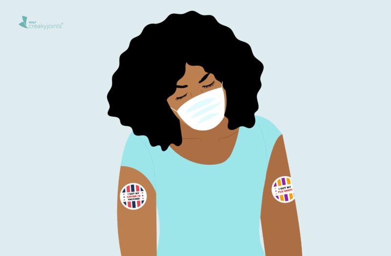An illustration of a person wearing a mask with two stickers on their arms. On the left is a sticker that says "I got my COVID-19 vaccine." On the right is a sticker that says "I got my flu shot."