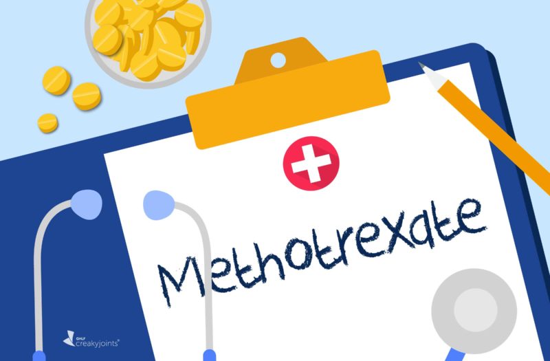 Image shows the word Methotrexate written on a clipboard with pills and a stethoscope