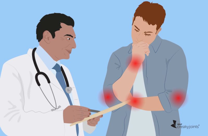 An illustration of a man with arthritis, as evident by red pain spots, talking to his doctor
