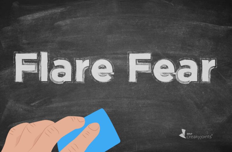An illustration of a chalkboard with the words "Flare Fear" on it and a hand holding a blue eraser nearby